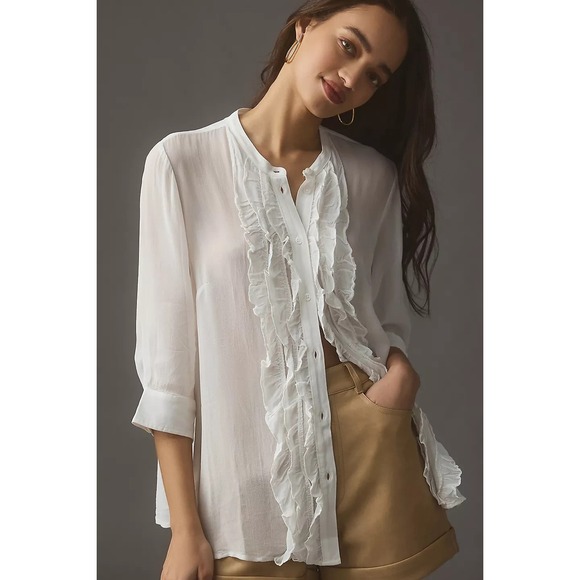Maeve Tops - New Maeve Anthropologie Lightweight Ruffle Front Mao Shirt Sheer Button White XS